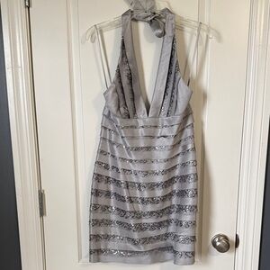 BCBGMaxAzria Silver Halter Mini Dress with Sequin Stripes